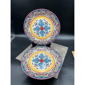 Euro Ceramica Zanzibar Salad Plates Set of 2 Blue Yellow Red Spanish  8.25in